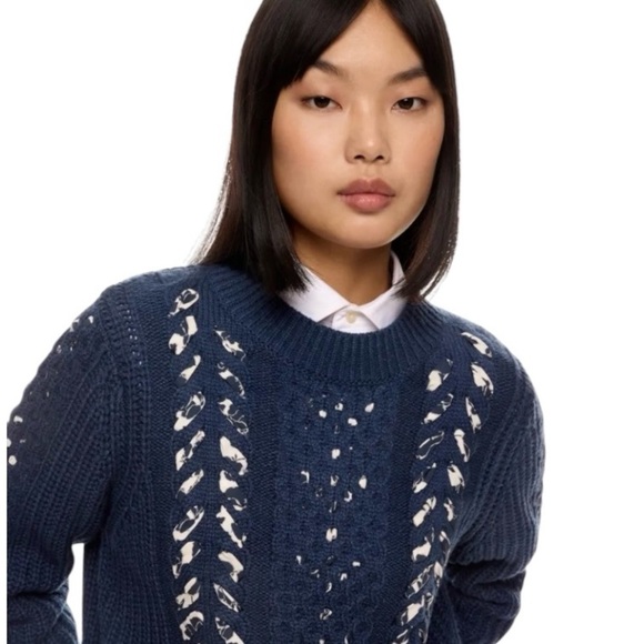 Jason Wu Collective Woven Detail Sweater Crew Neck Dark Blue Size Medium - Picture 4 of 9